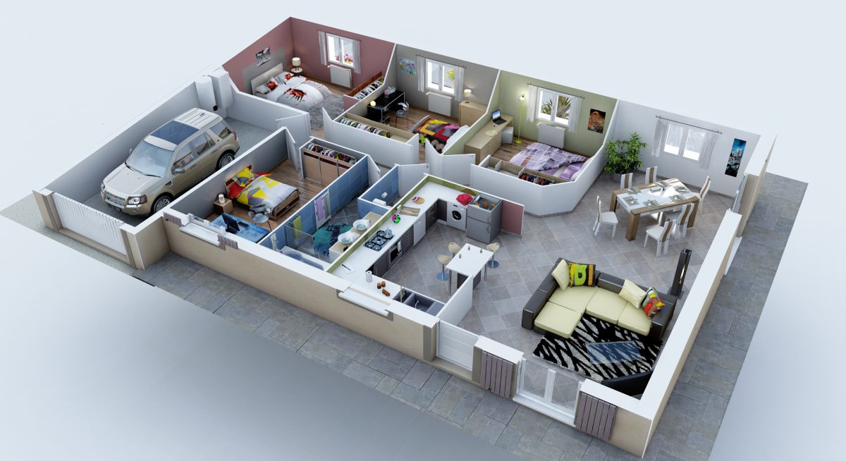 Plan maison 3d 3 chambres