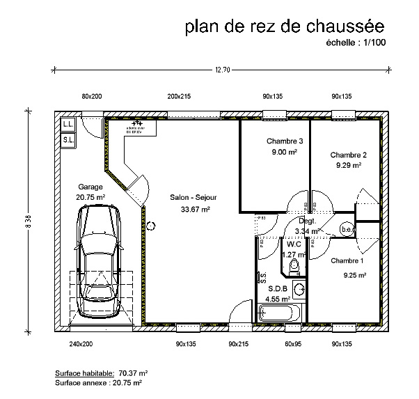Plan maison plain pied rectangulaire