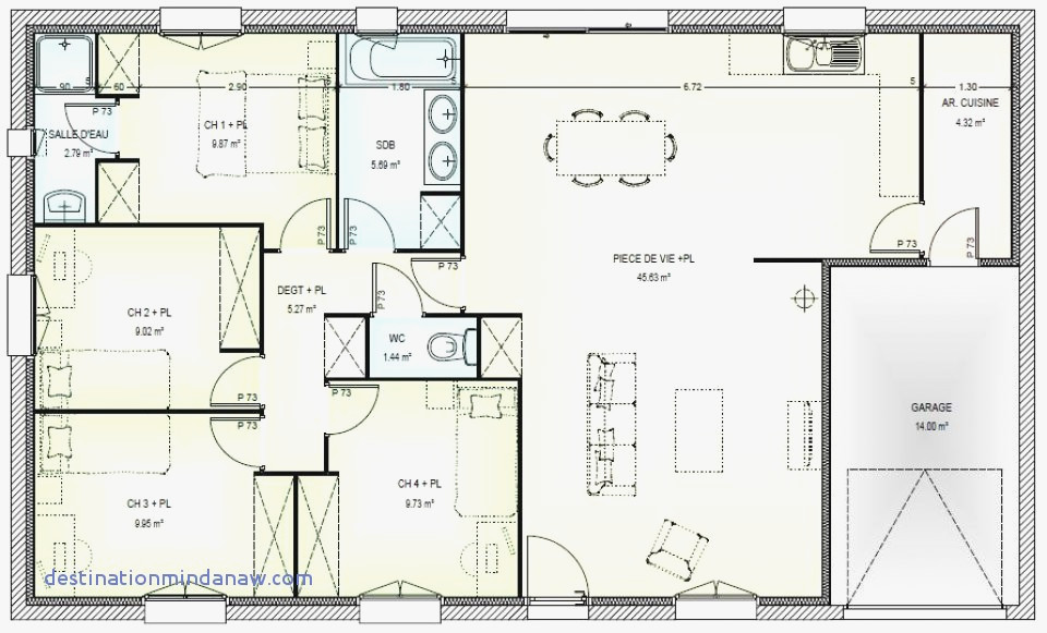 Plan de maison plein pied 4 chambres