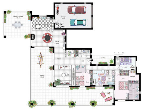 Plan maison moderne plain pied 5 chambres