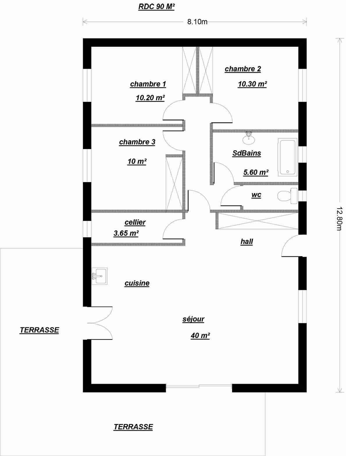 Plan maison 90m2 2 chambres