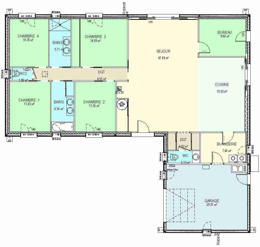 Plan de maison plain pied gratuit 4 chambres